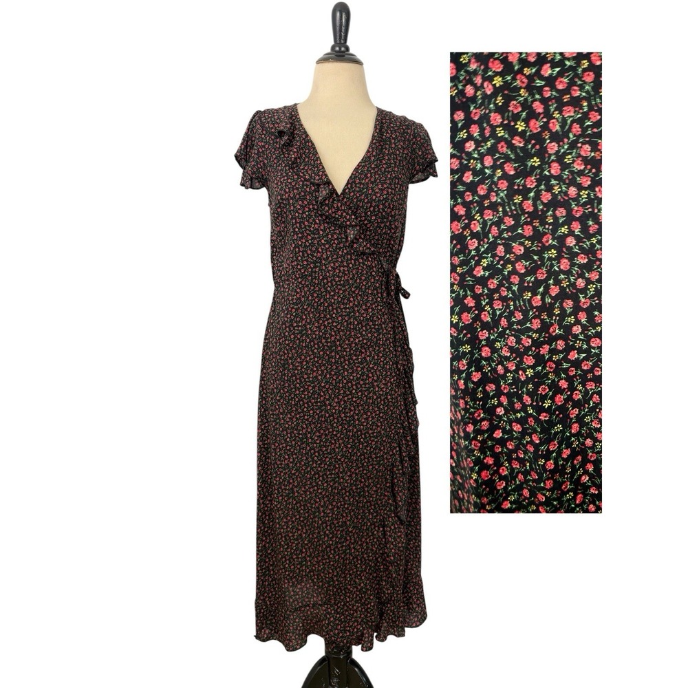 Ditsy Floral Ruffle Wrap DRESS Small Midi Y2K Fairy Cottage Feminine Kimchi Blue
